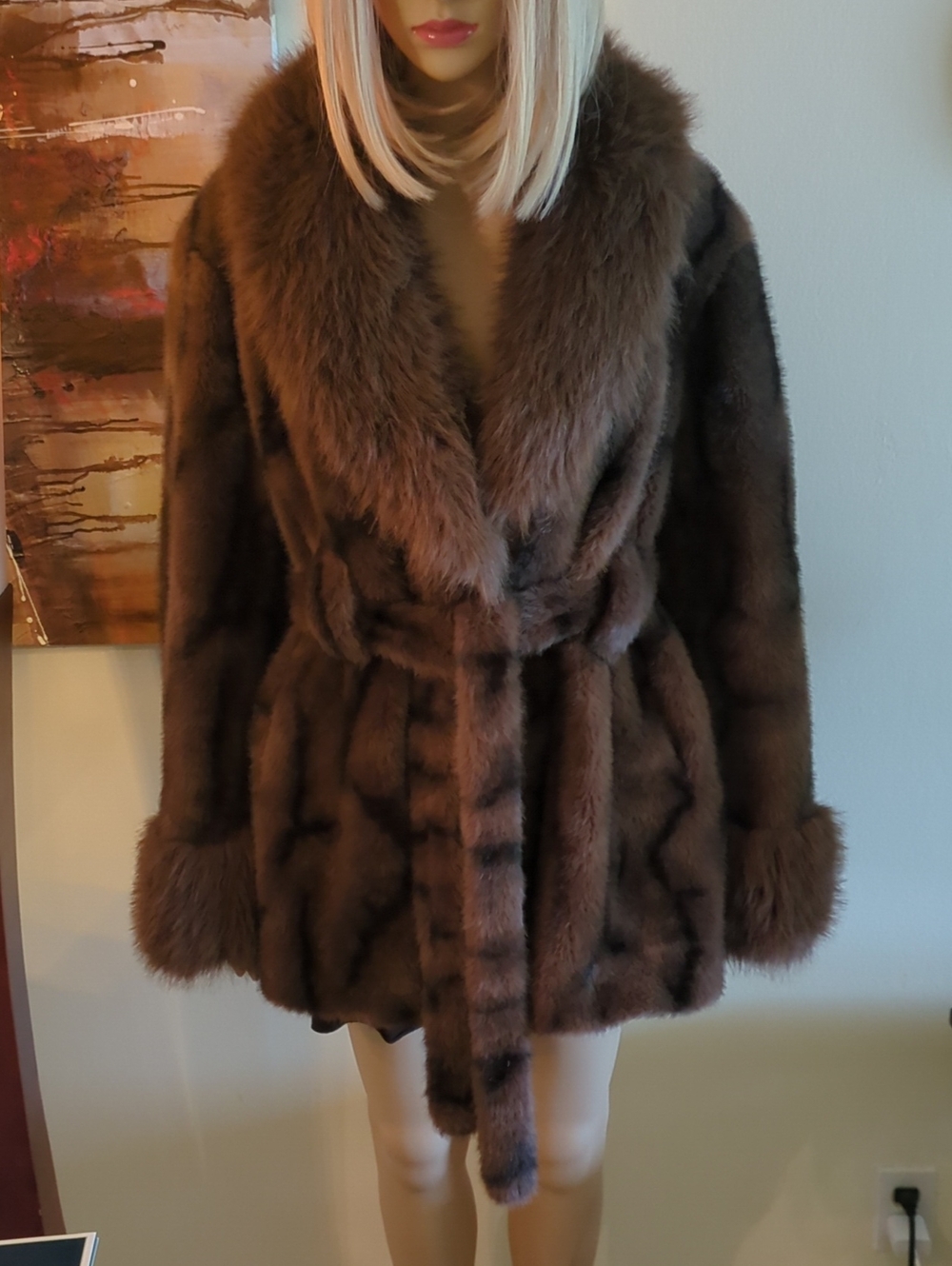 Luxurious Brown Faux Fur Coat with Shawl Collar, Size M.